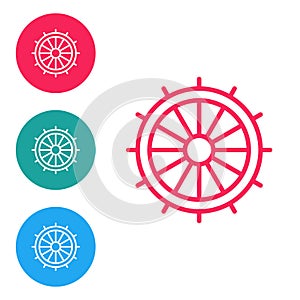 Red line Ship steering wheel icon isolated on white background. Set icons in circle buttons. Vector
