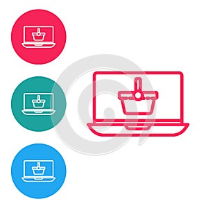 Red line Shopping basket on screen laptop icon isolated on white background. Concept e-commerce, e-business, online