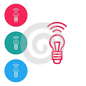 Red line Smart light bulb system icon isolated on white background. Energy and idea symbol. Internet of things concept