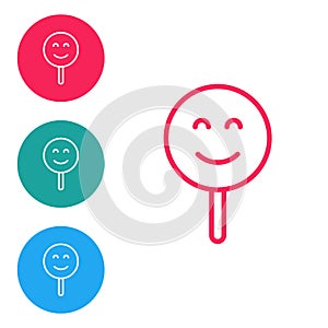 Red line Smile face icon isolated on white background. Smiling emoticon. Happy smiley chat symbol. Set icons in circle