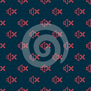 Red line Speaker mute icon isolated seamless pattern on black background. No sound icon. Volume Off symbol. Vector