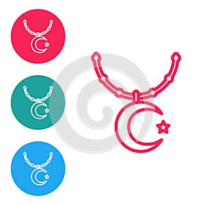 Red line Star and crescent on chain - symbol of Islam icon isolated on white background. Religion symbol. Set icons in