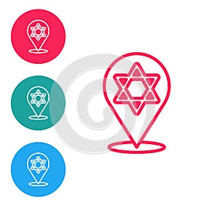 Red line Star of David icon isolated on white background. Jewish religion symbol. Symbol of Israel. Set icons in circle