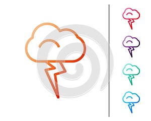 Red line Storm icon isolated on white background. Cloud and lightning sign. Weather icon of storm. Set color icons