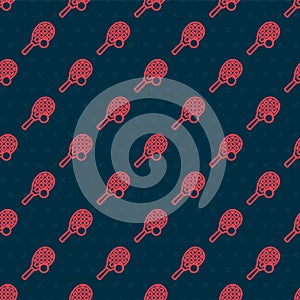 Red line Tennis racket with ball icon isolated seamless pattern on black background. Sport equipment. Vector
