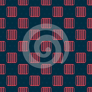 Red line Tire track icon isolated seamless pattern on black background. Vector