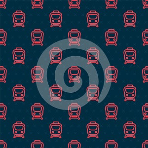 Red line Train icon isolated seamless pattern on black background. Public transportation symbol. Subway train transport