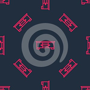 Red line TV table stand icon isolated seamless pattern on black background. Vector