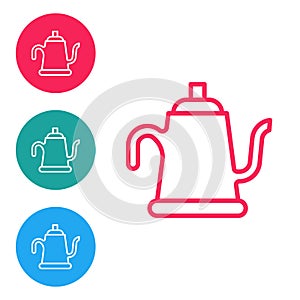 Red line Watering can icon isolated on white background. Irrigation symbol. Set icons in circle buttons. Vector