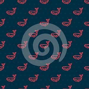 Red line Whale icon isolated seamless pattern on black background. Vector