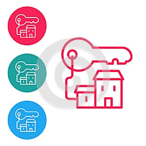 Red line Winning house with key icon isolated on white background. Set icons in circle buttons. Vector