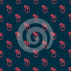 Red line Wireless computer mouse icon isolated seamless pattern on black background. Optical with wheel symbol. Vector