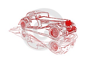 Red line work retro car sketch on a white background