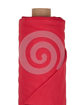Red linen fabric in roll isolated