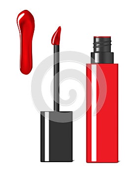 Red lip gloss or liquid lipstick package with smear isolated on white background, vector