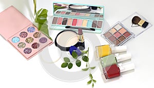 red lip and Set of decorative fashion beauty cosmetics with colors Pastel of spring set collection on white
