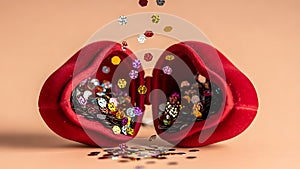 Red lips with colorful sequins