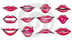 Red lips female collection. Woman expressed differernt emotion set. Biting, smile, kiss, beauty concept. Modern pop art