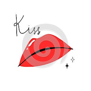 Red lips. Female sexy lipstick modern poster or card. Woman lip with makeup, kiss lettering, trendy glamour postcard. Shiny gloss