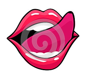 Red lips female. Woman expressed emotion, beauty concept. Modern pop art style, flat vector design illustration