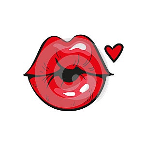 red lips in a kiss of love. And red heart, isolated on white. Vector illustration.