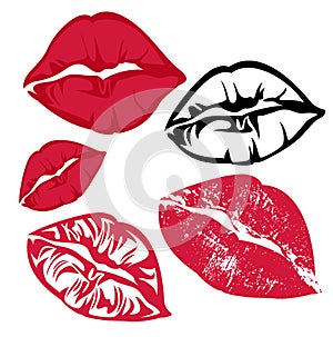 Red lips kiss mark vector silhoeutee design set