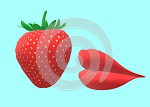 A red lips kissing a single strawberry fruit