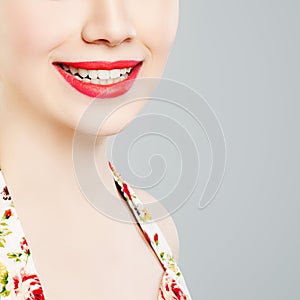 Red Lips Makeup. Attractive Female Smile