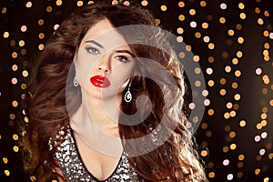 Red lips makeup, Beautiful girl with long wavy hair. fashion ear