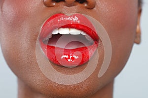 Red Lips Makeup Detail With Sensual Open Mouth