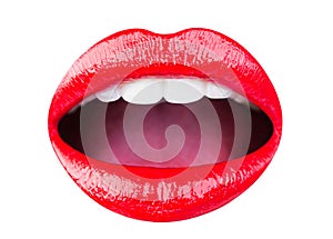 Red lips, makeup, sensual mouth, sexy lip. Lipstick or lipgloss. Beauty sensual lips, beautiful lip, bright red lipstick