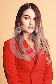 Red lips my best accessory. Girl confident business lady formal red jacket. Gorgeous and stylish. Impeccable makeup and photo