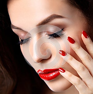 Red Lips and Nails closeup. Open Mouth