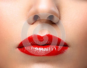 Red Lips and Nails closeup. Open Mouth