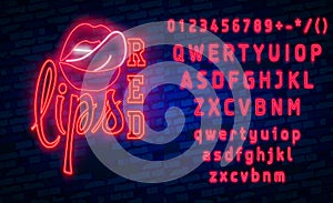 Red Lips neon sign, Set fashion neon sign. bright signboard, light banner. Vector icons