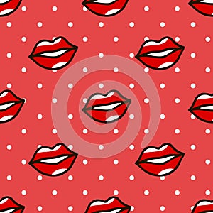 Red lips pattern in cartoon style on dots background