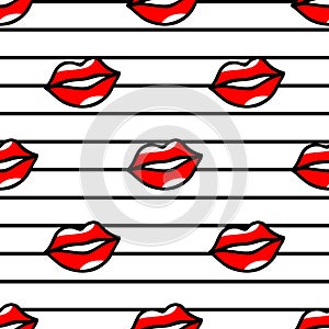 Red lips pattern in cartoon style on striped background
