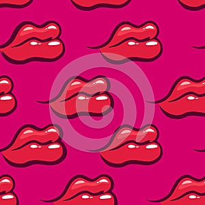 Red lips on pink background - Vector Seamless Pattern.