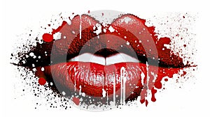 Red lips print. Abstract lipstick. White teeth. Closeup lips. Woman\'s lips. Pucker. kiss. White paint splatter.