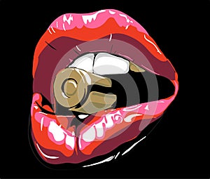 Red lips. Red lips with bullet. Red lips on black. biting red lips. Abstract lipstick in the open mouth with gold metal bull