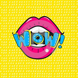 Red lips saying Wow.Vector Pop Art illustration of Open mouth and WOW Message