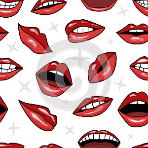 Red lips, smile and mouth with teeth in tattoo style