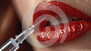 Red lips, syringe and beauty injections, lip augmentation with botulinum toxin or fillers. Generative AI