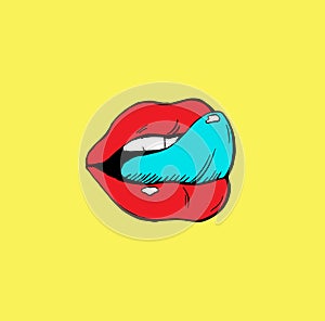 Red lips with tongue pop art  print design colorful isolated