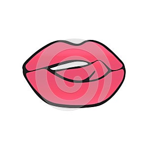 Red lips tongue-tied stylized vector gradient illustration. Isolated color icon.