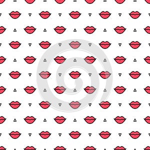 Red lips with triangle seamless pattern on white background. Lipstick kiss. Vector illustration. Fashion background in