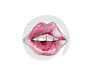 Red lips in watercolor technique. Modern fashion sketch of smiling mouth with teeth. Hand drawn illustration isolated on