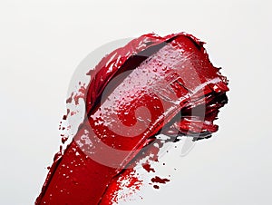 A red lipstick is being splattered on a white background