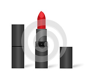 Red lipstick in black tube isolated on white background, mock-up