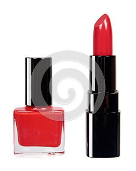 Red lipstick in black tube and nail polish bottle, beauty and care